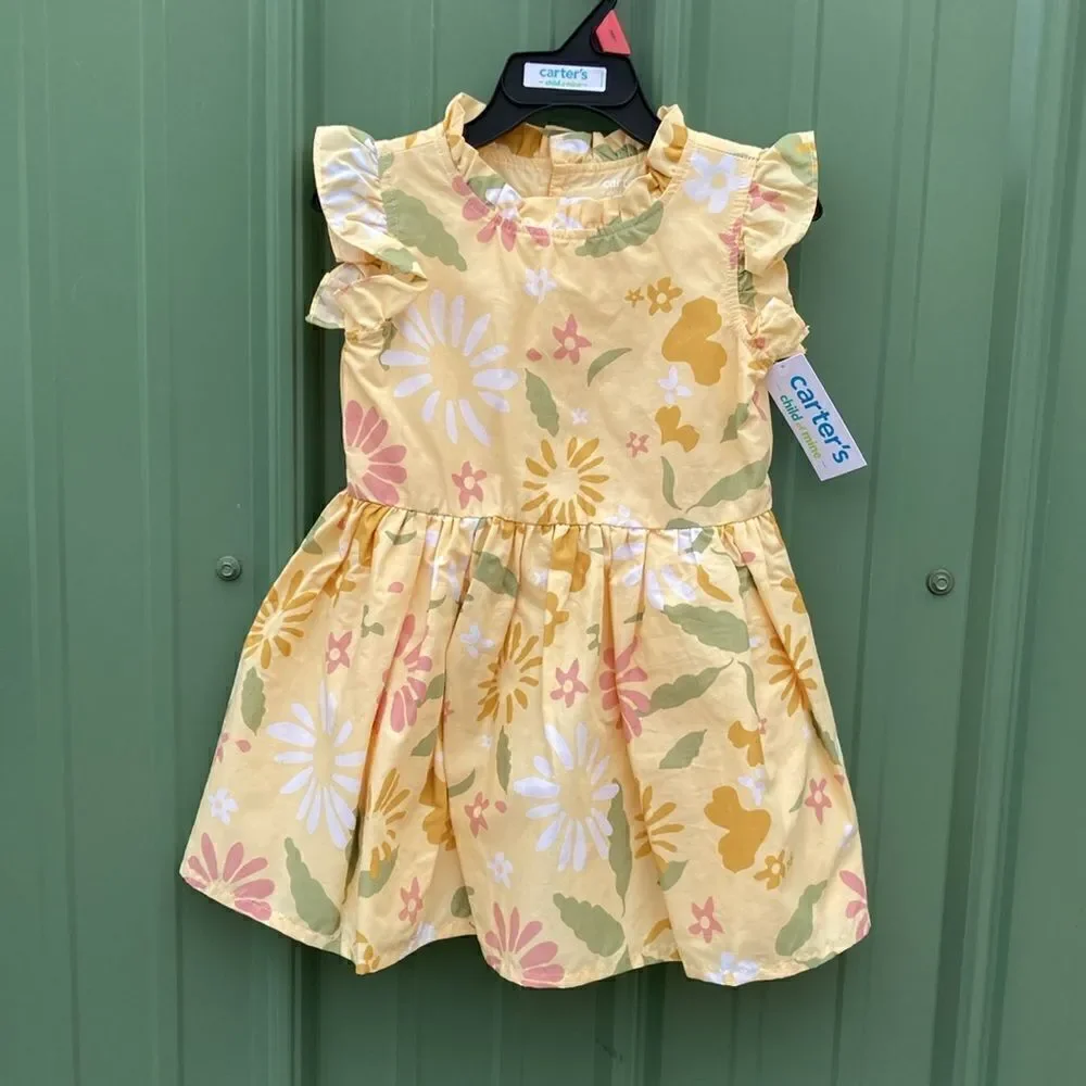 Toddler Girls Cotton Summer Yellow Floral Print Dress Size 2T